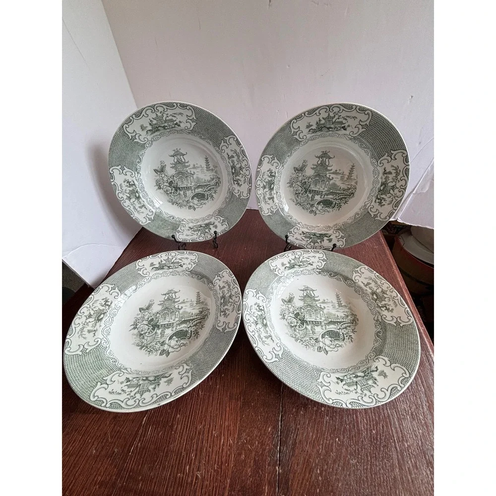 Vintage Libertas Prussia Green Transferware Soup Bowls Chinoiserie Set of 4
